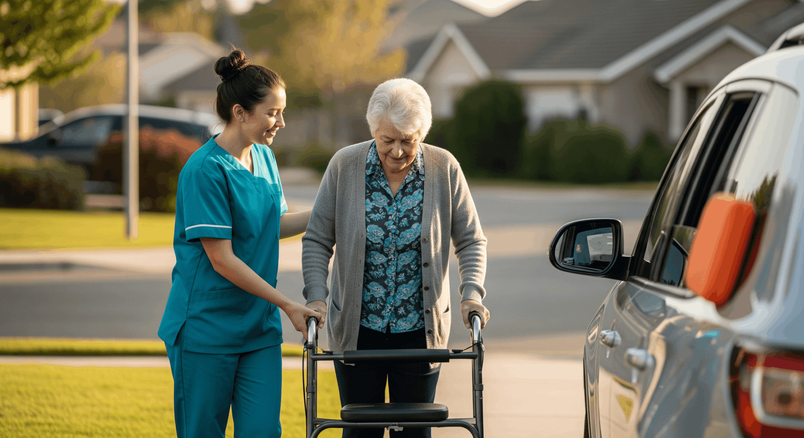 Caregiver supporting elderly woman using a walker near a parked car