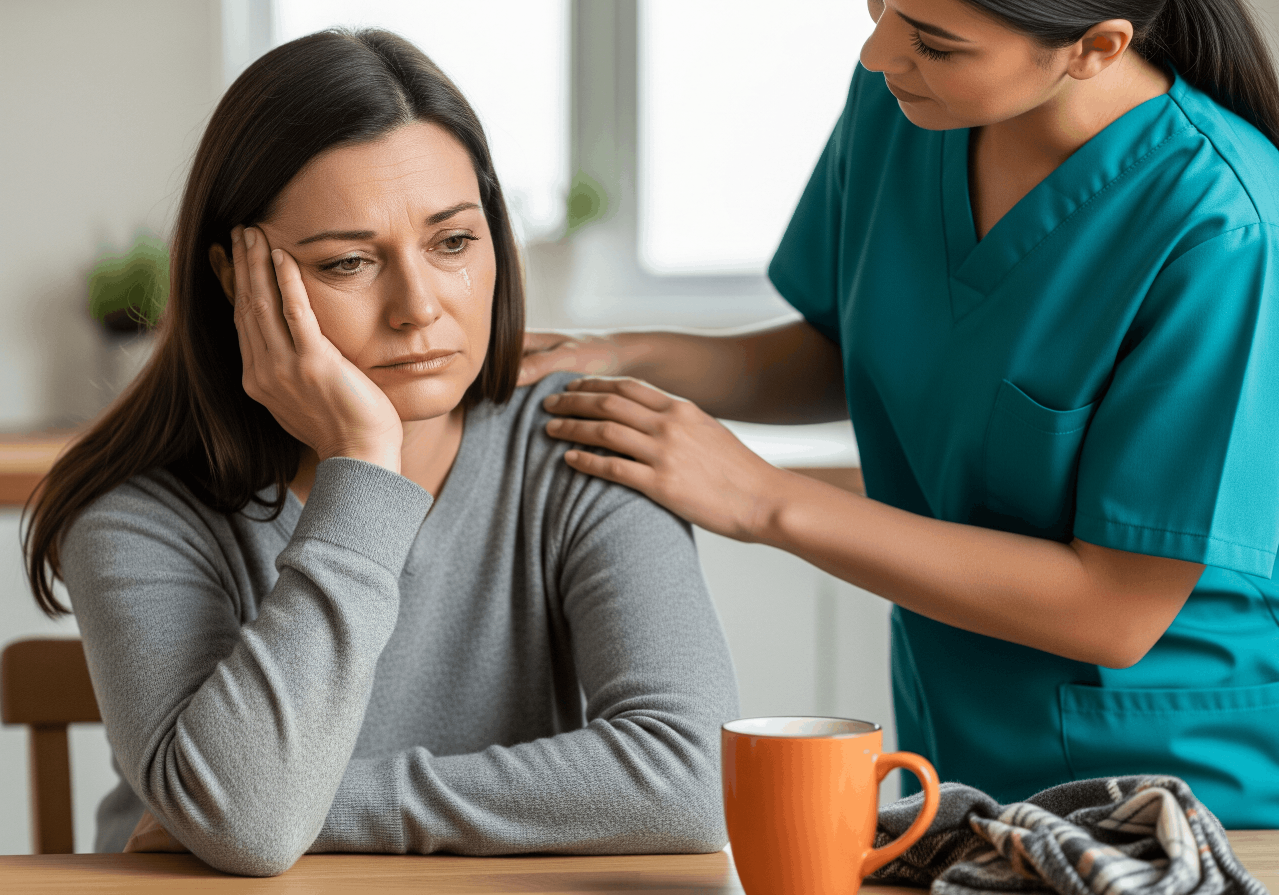 Caregiver comforting an emotional woman at a table with hand on her shoulder
