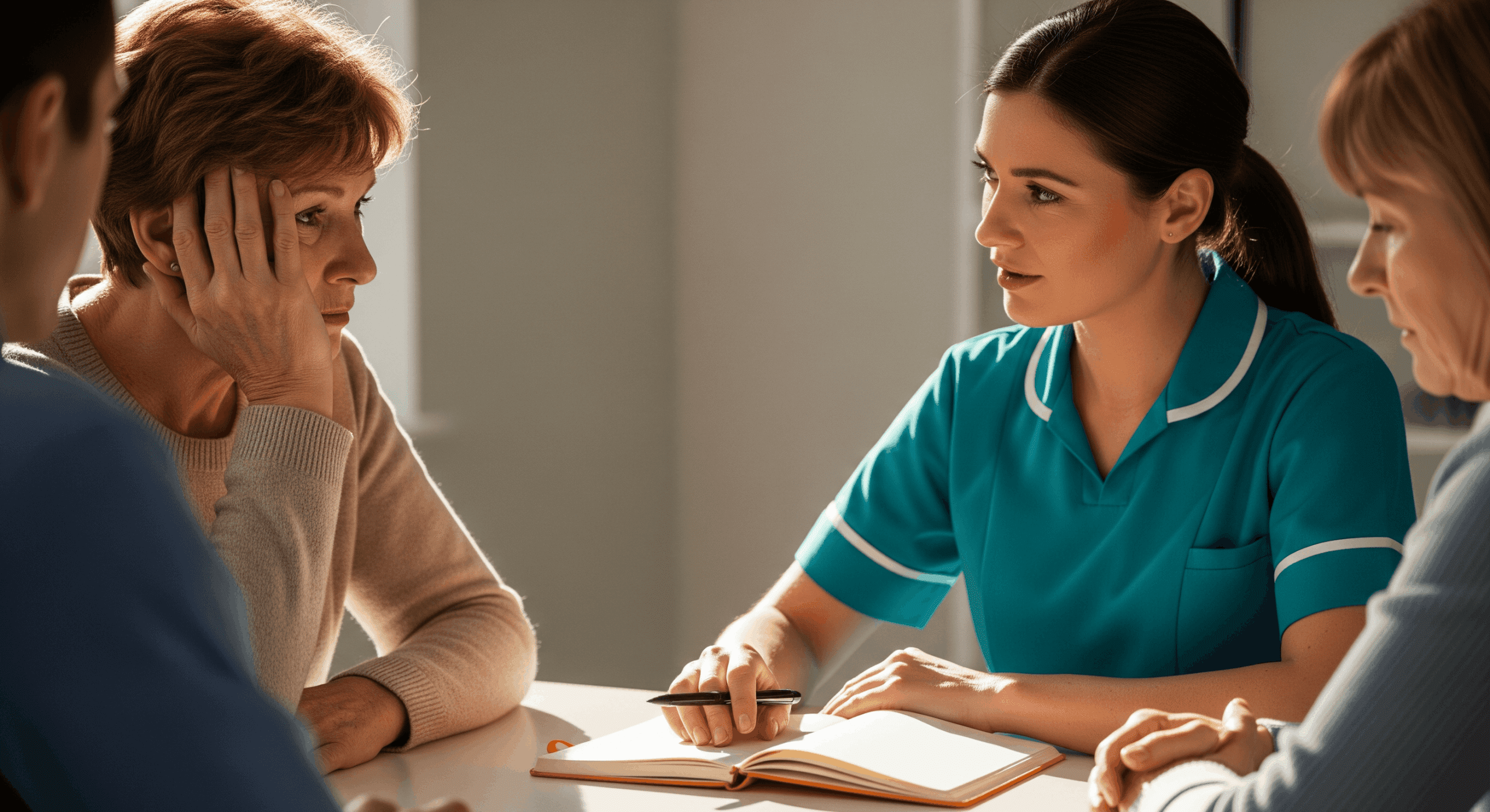 Caregiver discussing care plan with concerned family members at a table