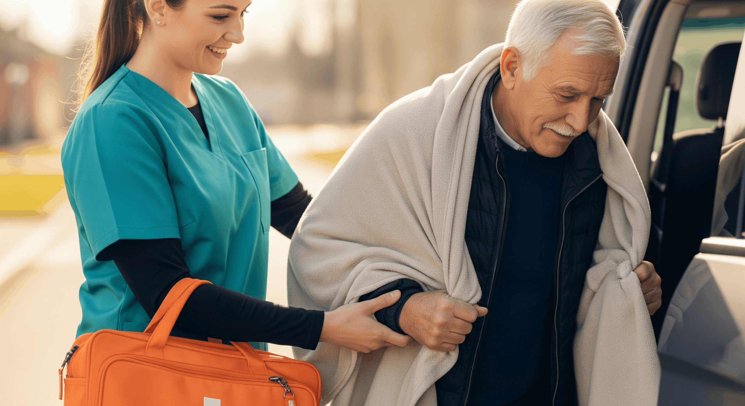 Caregiver helping elderly man out of a vehicle with supportive arm