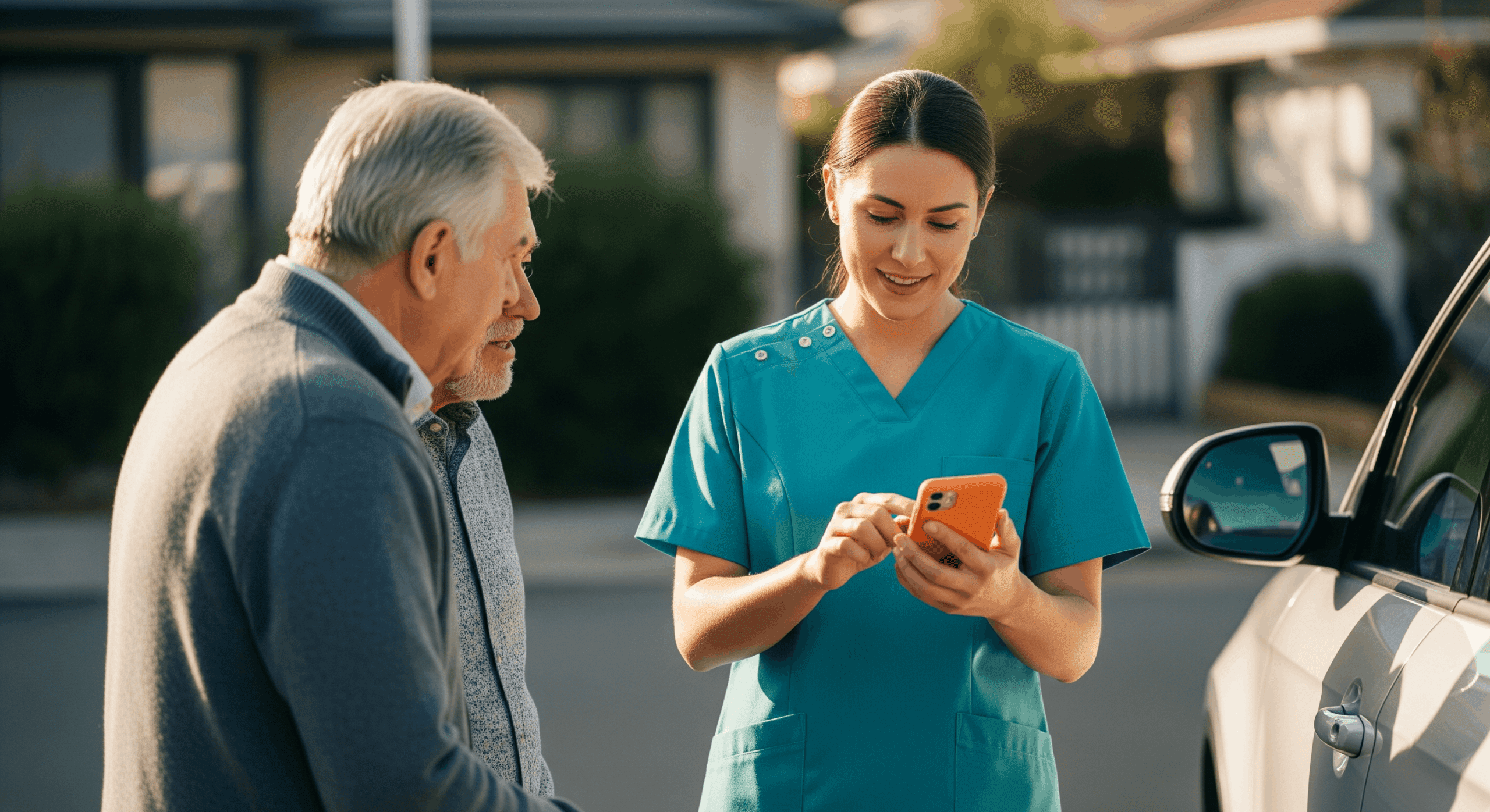 Caregiver helping senior man use a smartphone beside a car outdoors