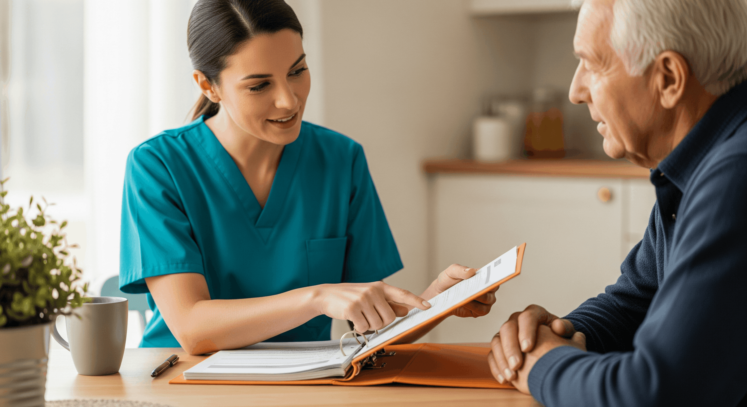 Caregiver reviewing care plan in binder with elderly man at table