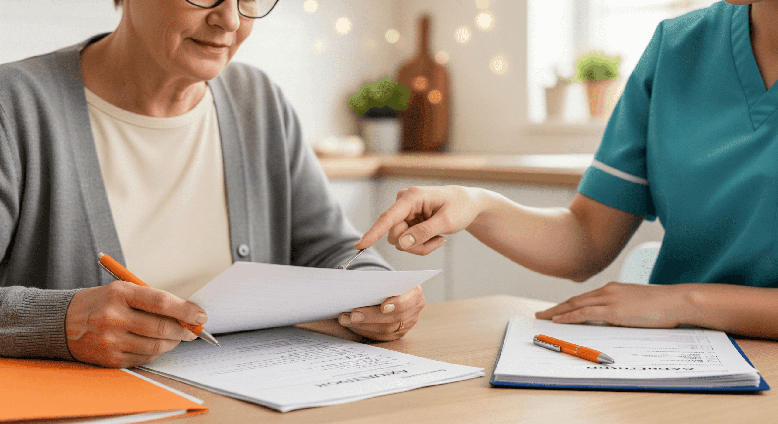 Caregiver in teal scrubs reviewing paperwork with senior woman at a table