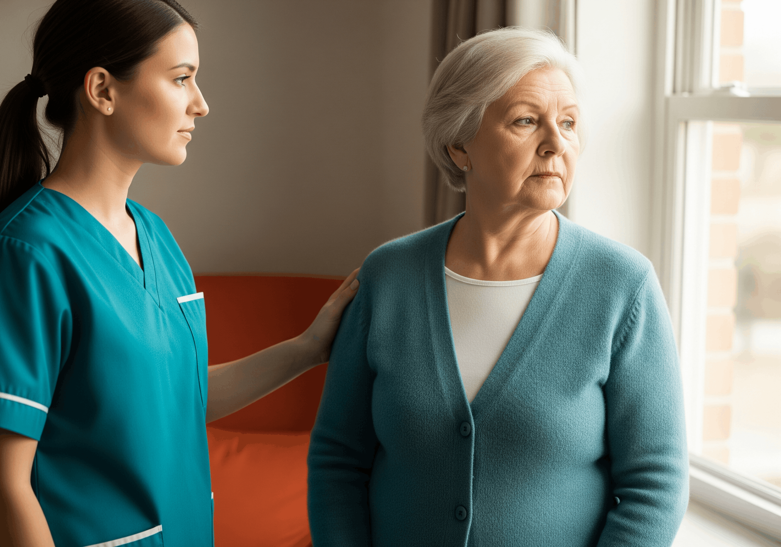 Caregiver standing beside elderly woman looking out window with supportive hand on shoulder