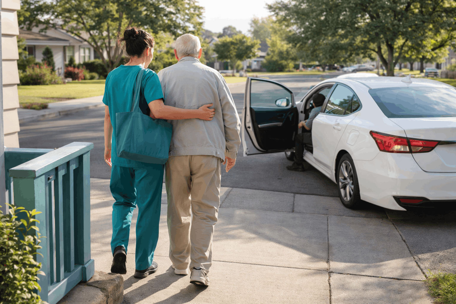 Caregiver helping elderly man walk to car for transport