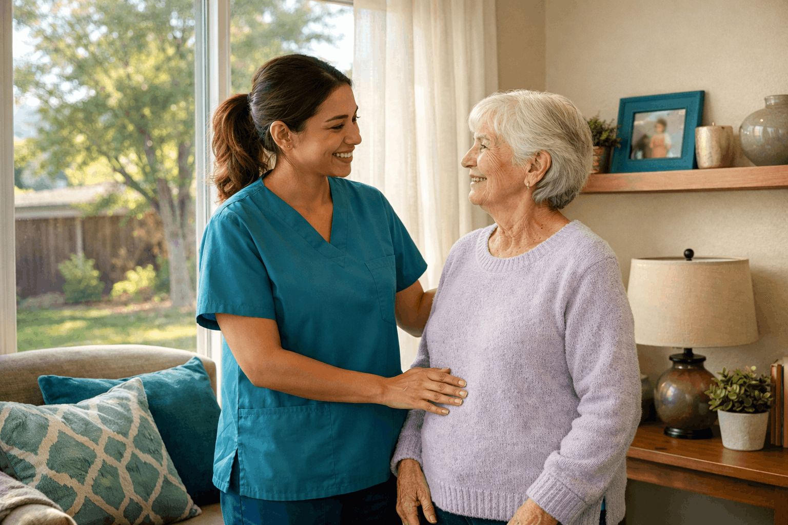 Caregiver talking with elderly woman in living room