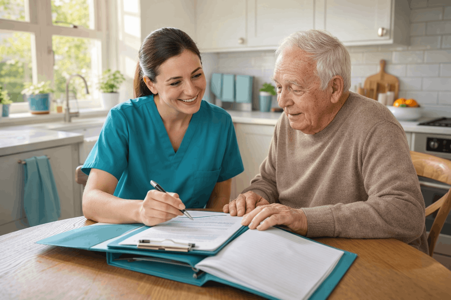 Caregiver assisting elderly man with paperwork at kitchen table