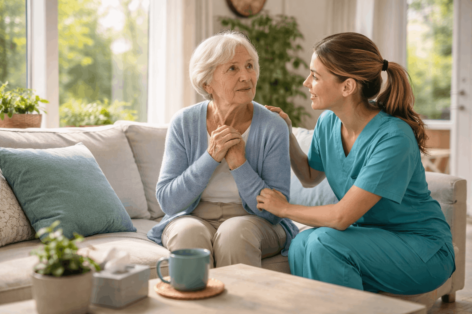 Caregiver comforting elderly woman sitting on couch