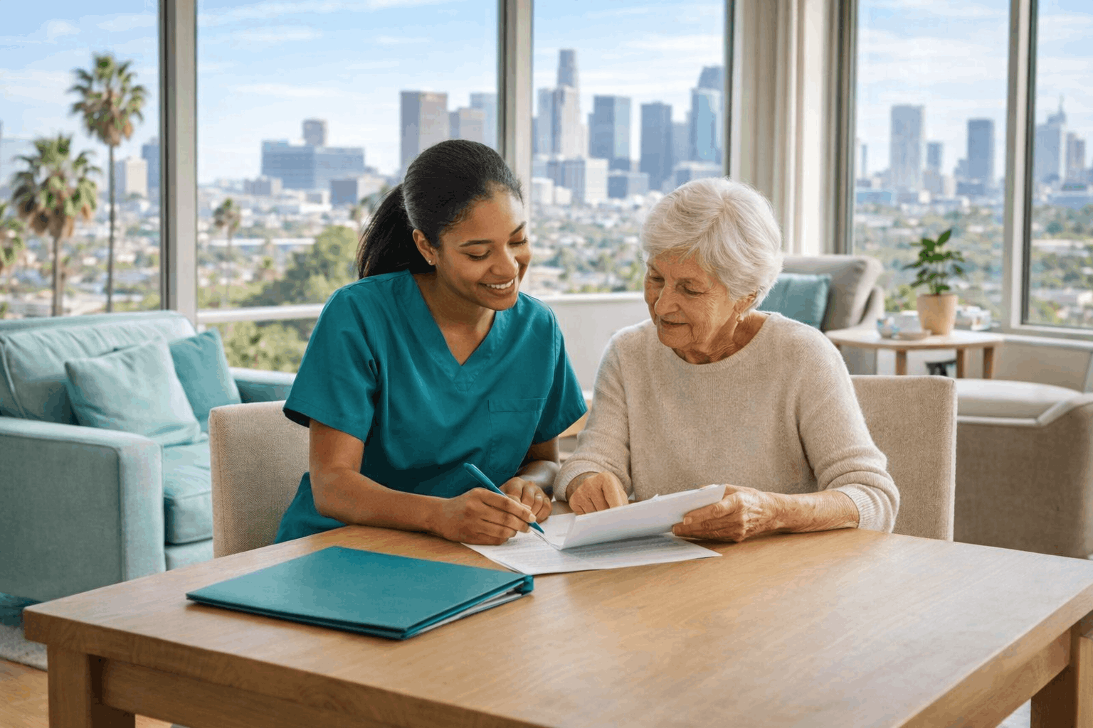 Caregiver reviewing paperwork with elderly woman at home