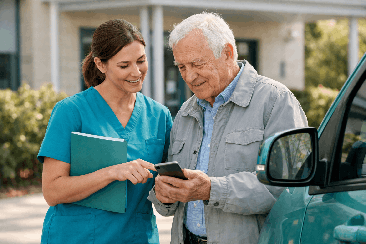 Caregiver showing elderly man how to use smartphone beside parked car