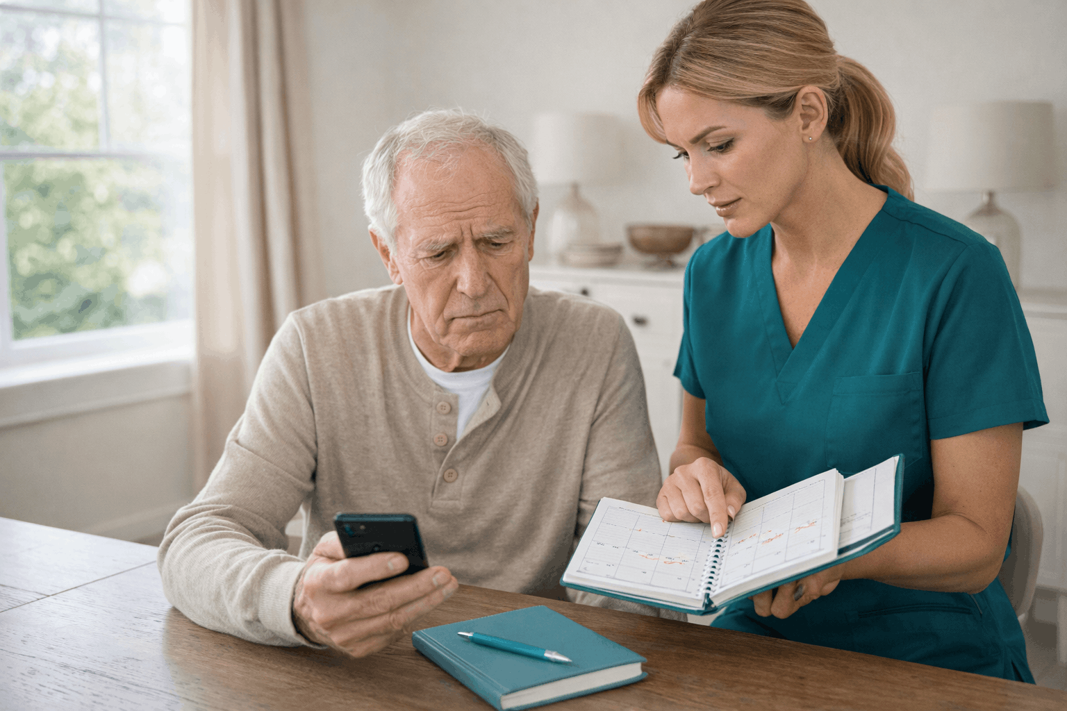 Caregiver helping elderly man review schedule while using smartphone at table