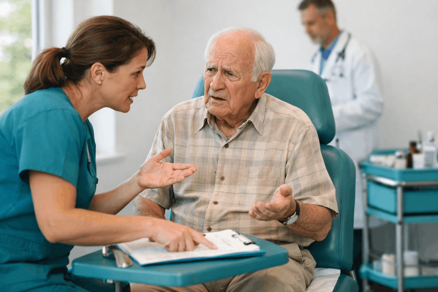 Caregiver discussing paperwork with elderly man in clinic while doctor in background