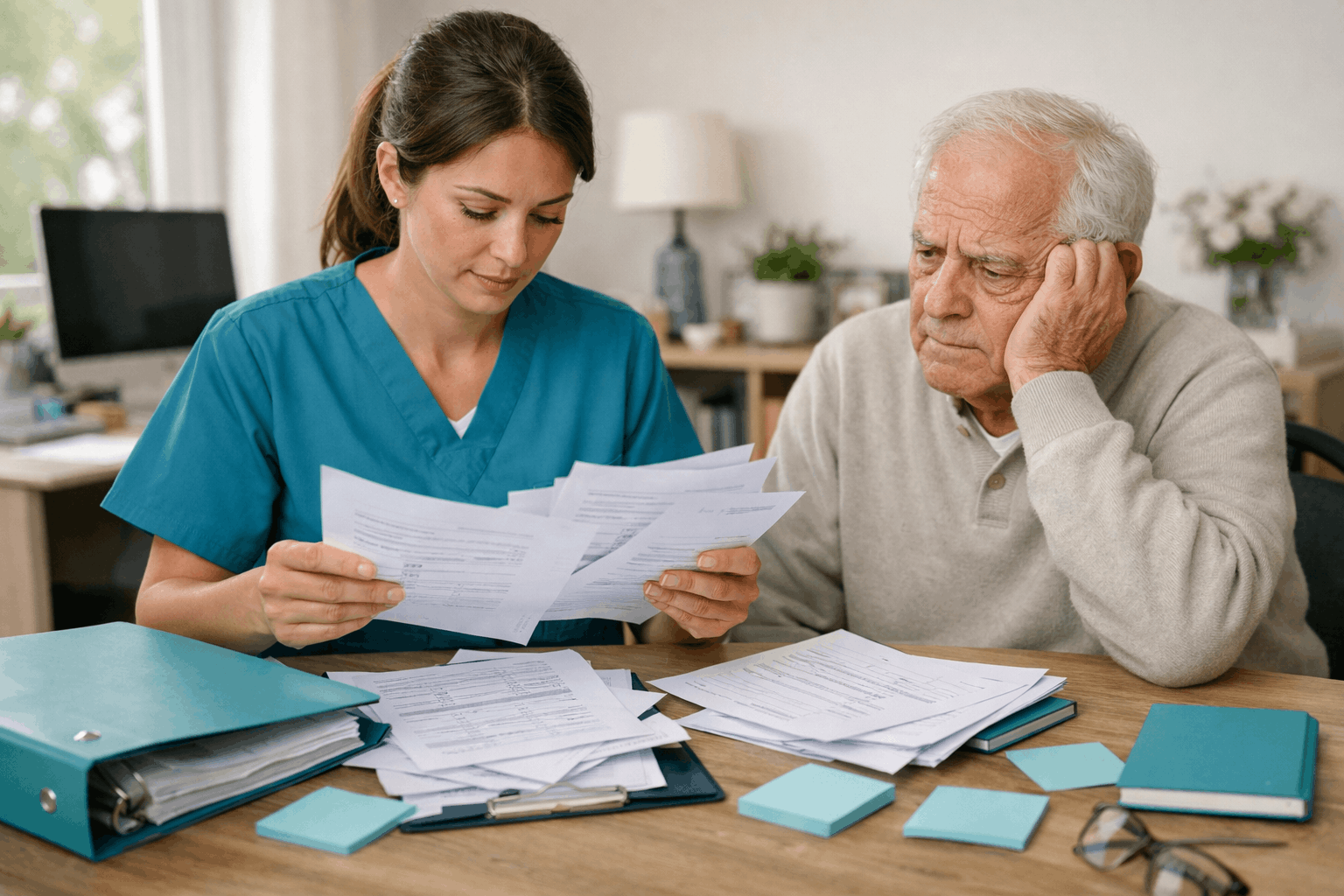 Caregiver reviewing paperwork with elderly man at table with organized documents