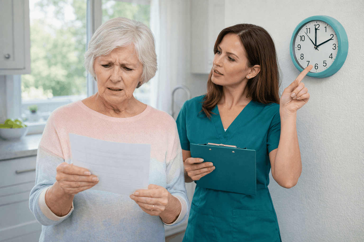 Caregiver pointing at clock while elderly woman reads document in kitchen