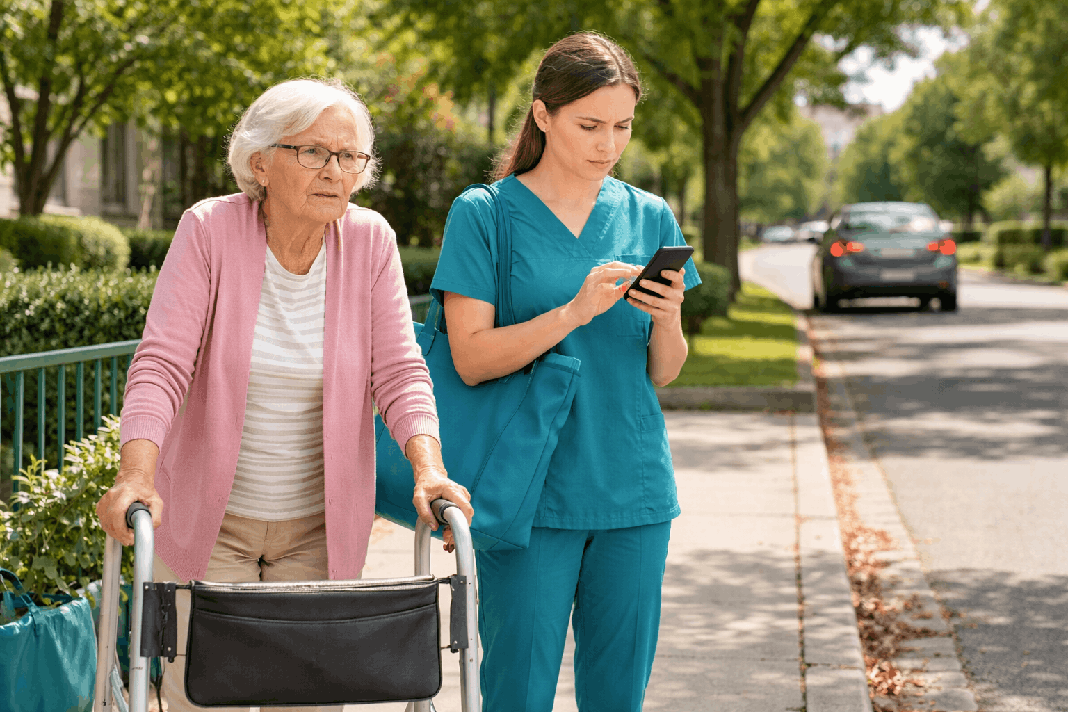 Caregiver walking beside elderly woman using walker on residential sidewalk