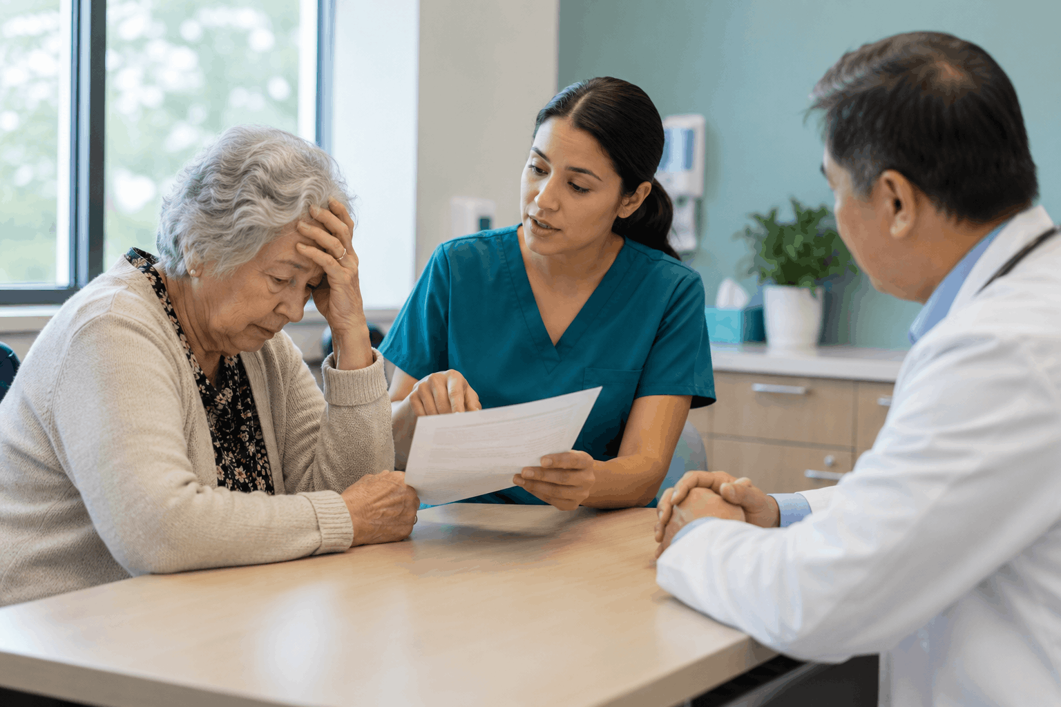 Caregiver reviewing medical paperwork with a concerned elderly woman beside a doctor.