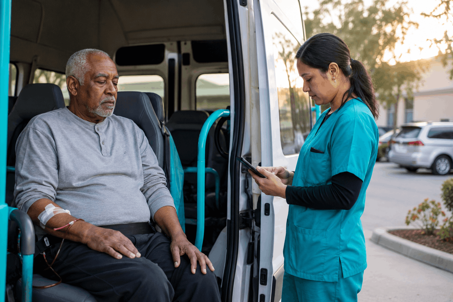 Healthcare worker using a mobile device while monitoring a senior patient seated in a transport van.