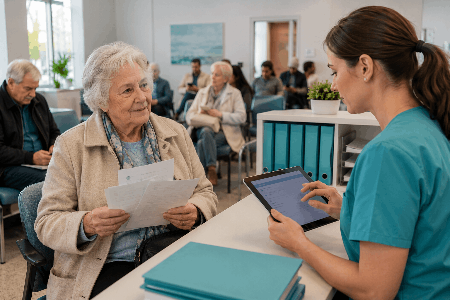 Front desk healthcare worker assisting an elderly woman with medical forms on a tablet in a waiting room.